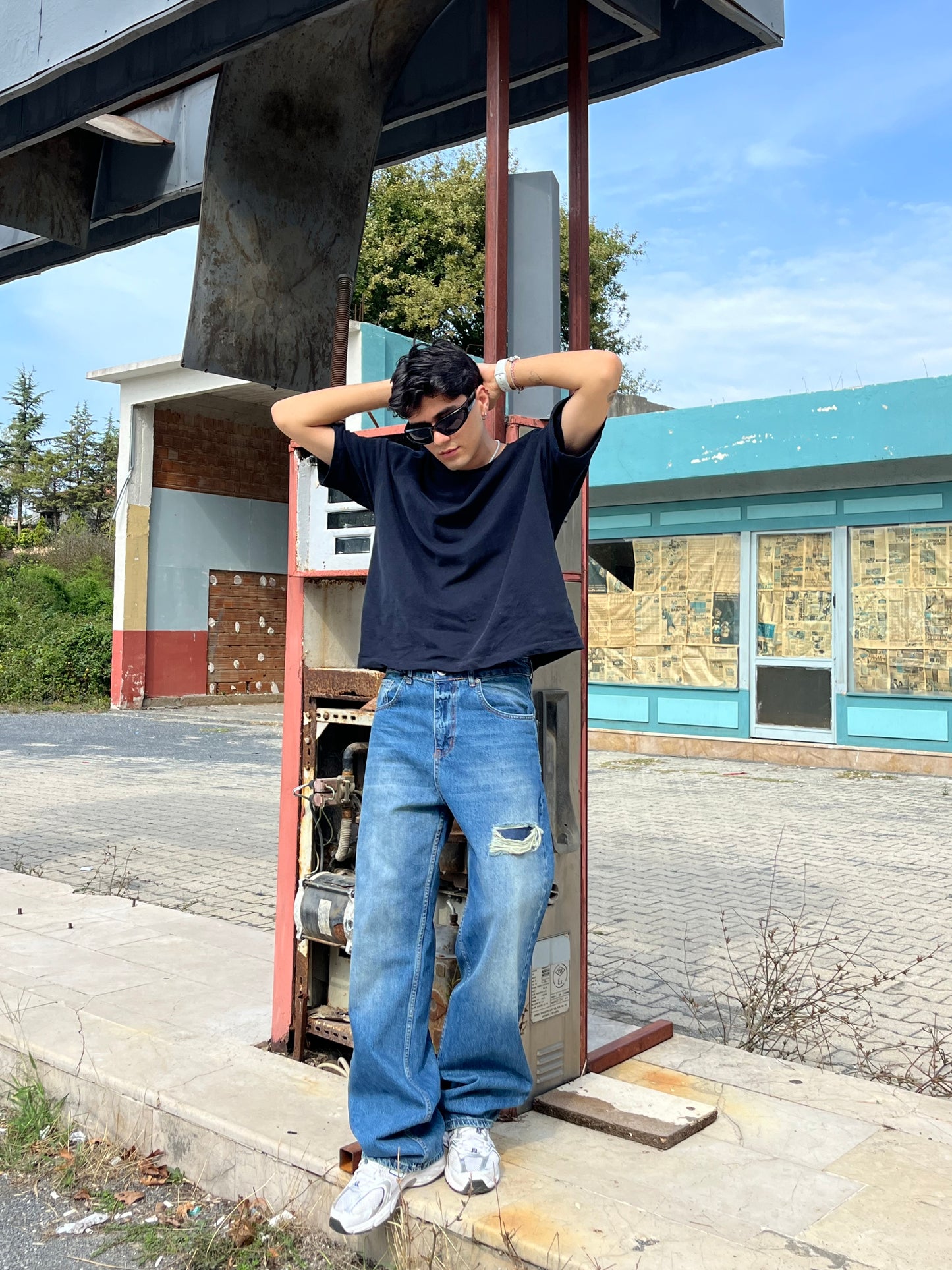 Alux Lazer Detay Mavi Baggy Jean