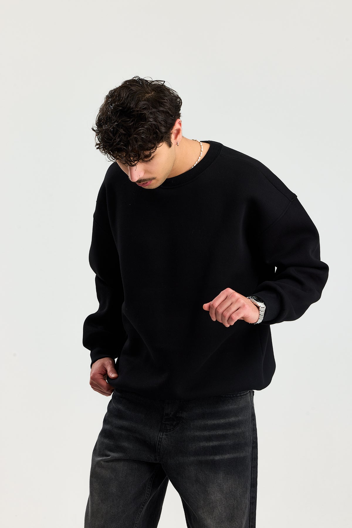 Basic Bisiklet Yaka Oversize Sweatshirt