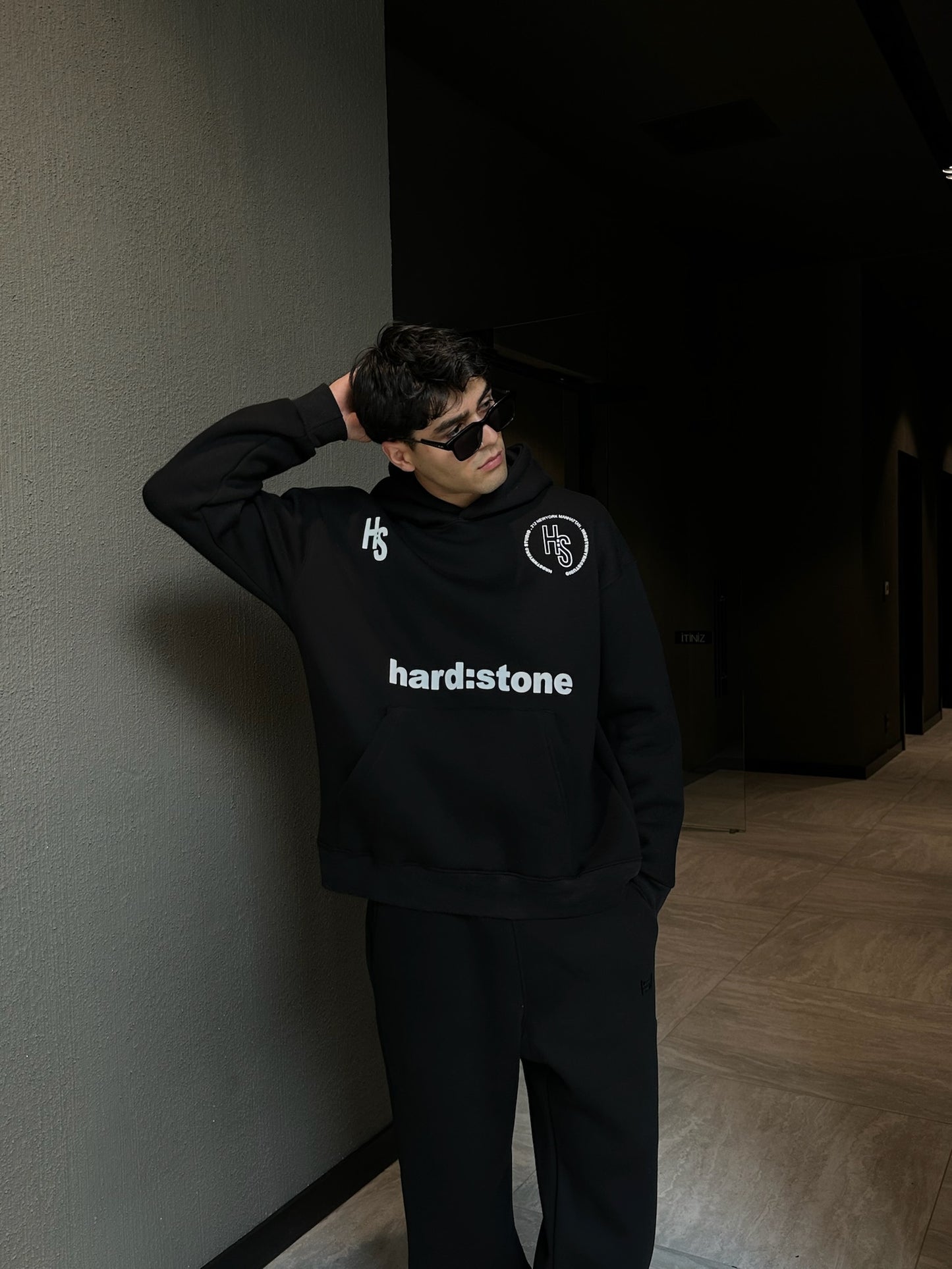 HS Baskılı Siyah Oversize Hoodie