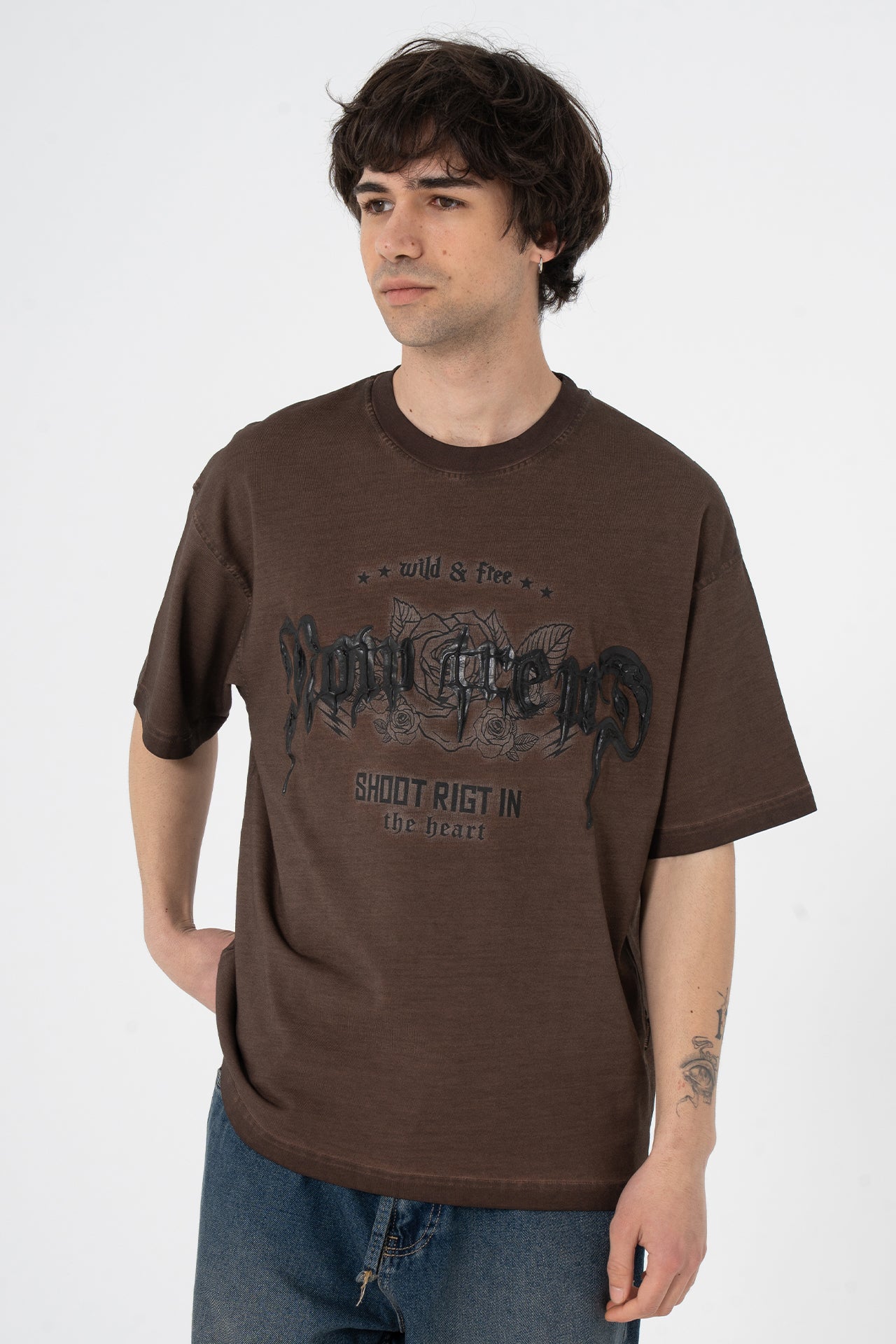 Wild & Free Kabartma Baskılı Premium Oversize Tişört
