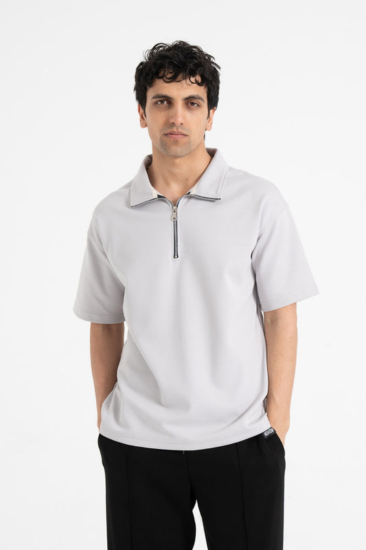 Oversize Yarım Fermuarlı Polo Yaka Tişört