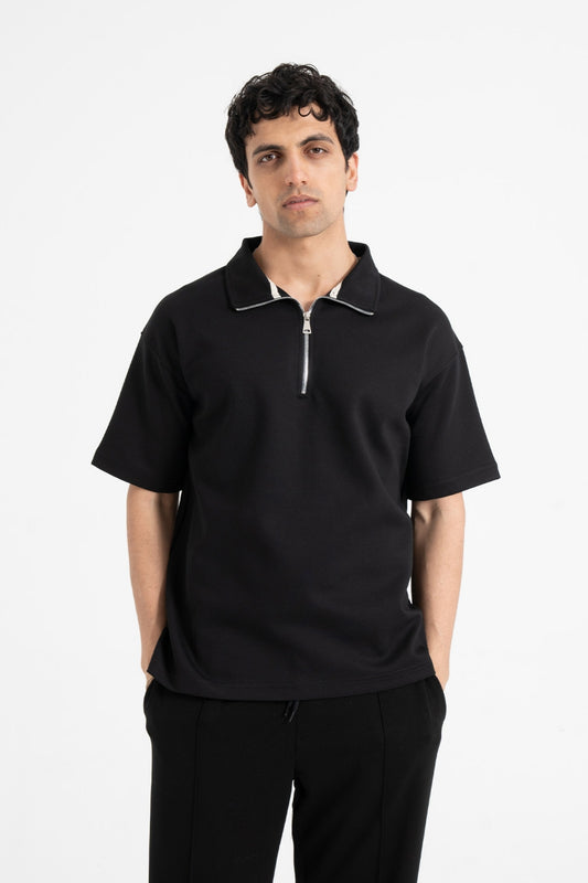 Oversize Yarım Fermuarlı Polo Yaka Tişört
