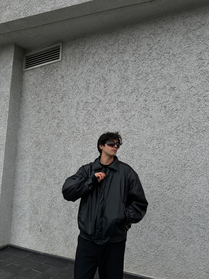 Siyah Oversize Bomber Deri Ceket