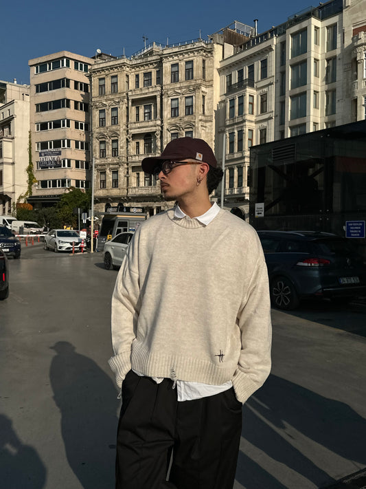 Bej Crop Kesim Bisiklet Yaka Triko