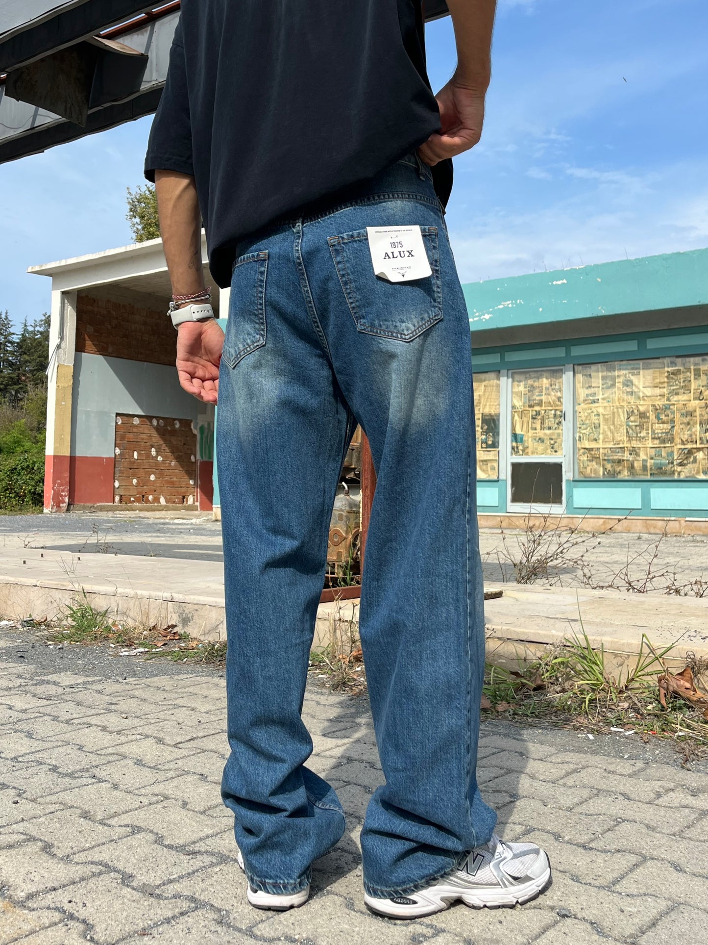 Alux Lazer Detay Mavi Baggy Jean