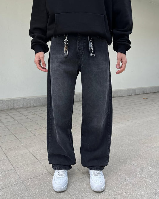Alux Yıkama Detay Siyah Baggy Jean