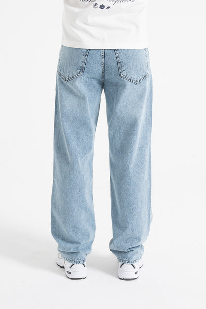 Çizgili Buz Mavi Baggy Kot Pantolon