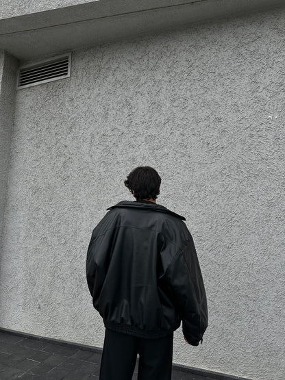 Siyah Oversize Bomber Deri Ceket