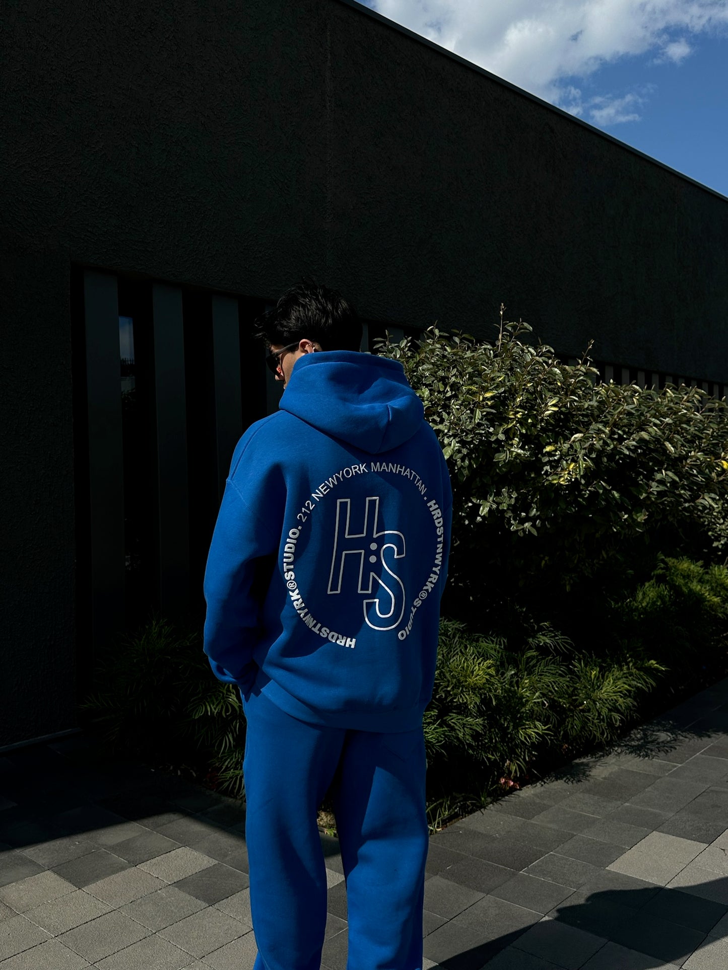HS Baskılı Mavi Oversize Hoodie