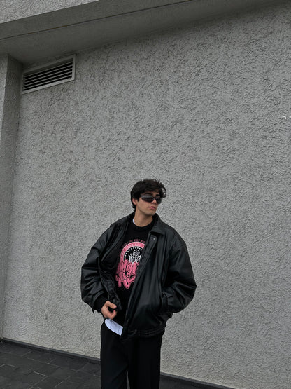 Siyah Oversize Bomber Deri Ceket