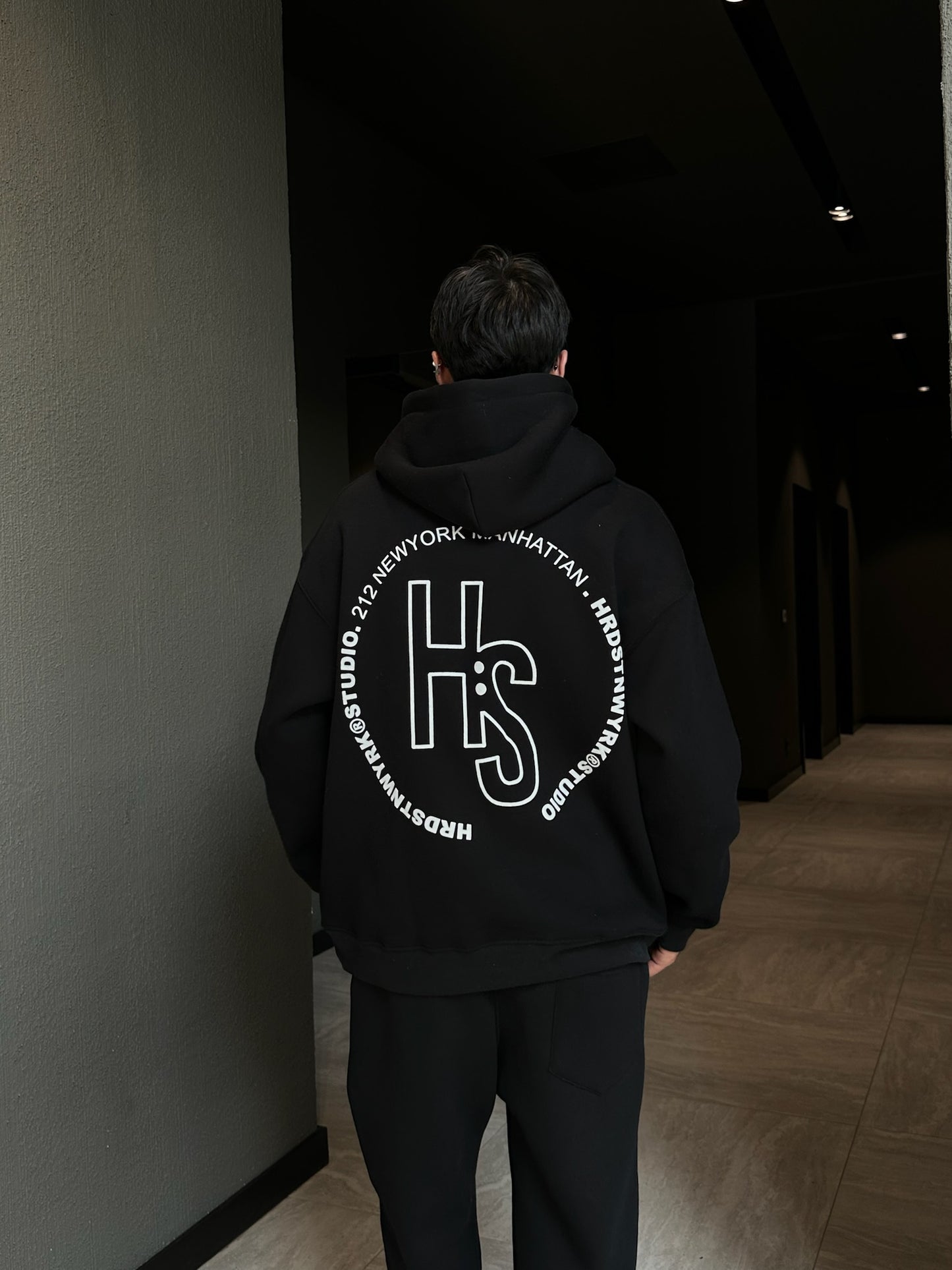 HS Baskılı Siyah Oversize Hoodie
