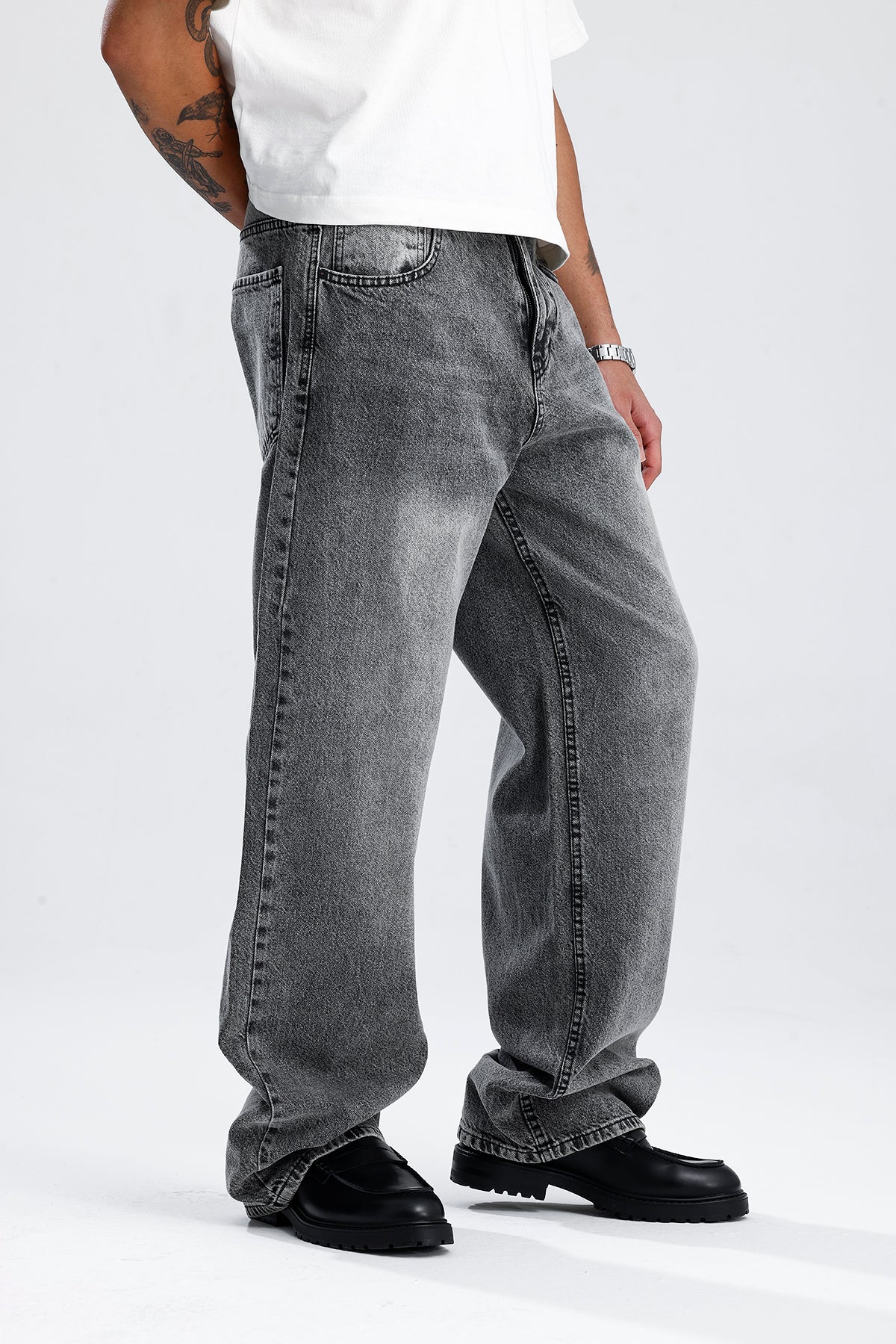 ATE Yıkama Detay Gri Baggy Kot Pantolon