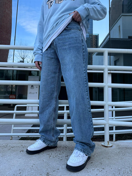 Basic Yıkamalı Mavi Baggy Jean