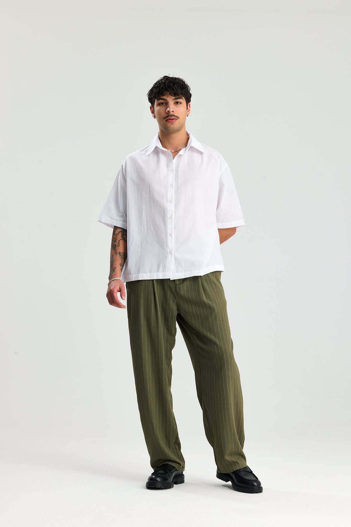 Beyaz Çizgili Baggy Fit Kumaş Pantolon