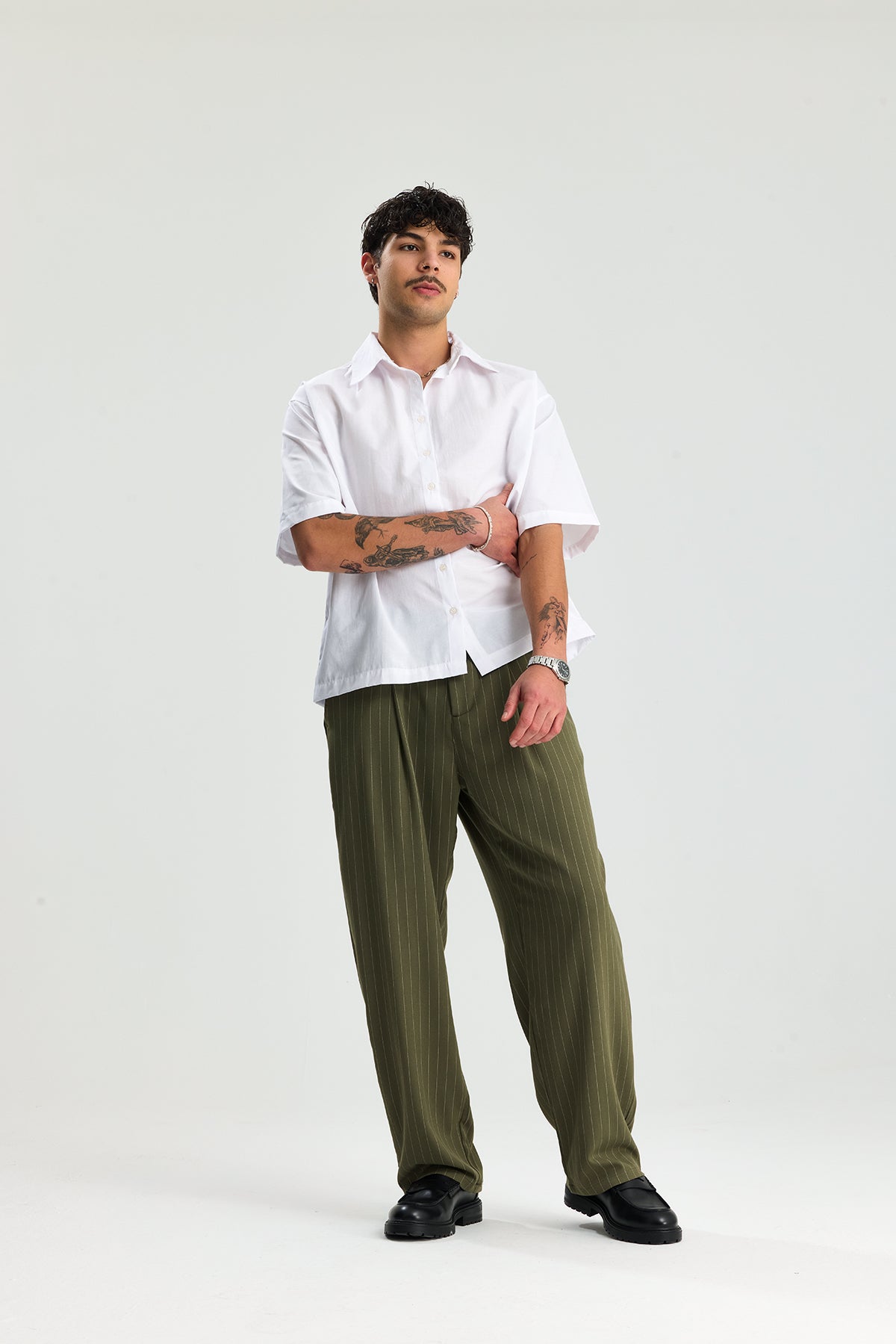 Beyaz Çizgili Baggy Fit Kumaş Pantolon