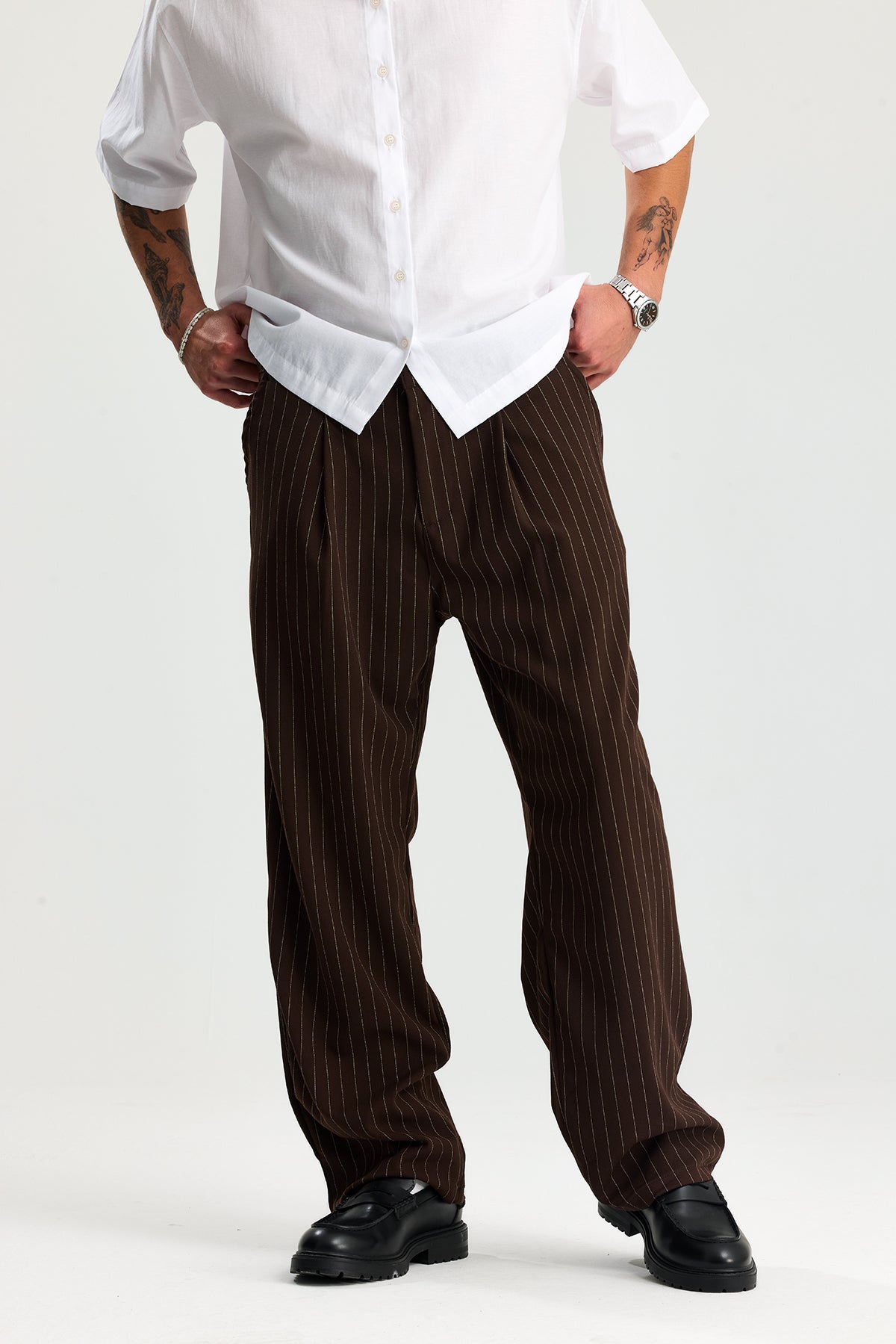 Beyaz Çizgili Baggy Fit Kumaş Pantolon