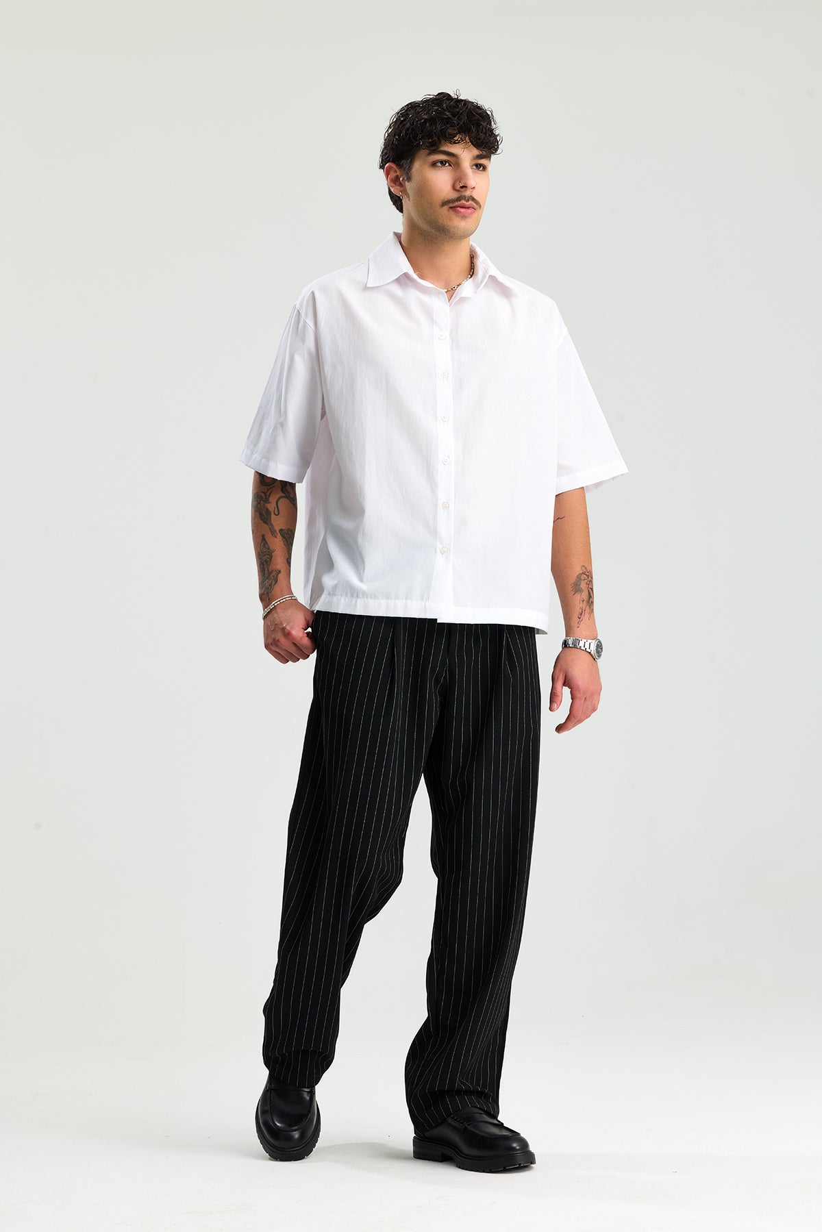 Beyaz Çizgili Baggy Fit Kumaş Pantolon